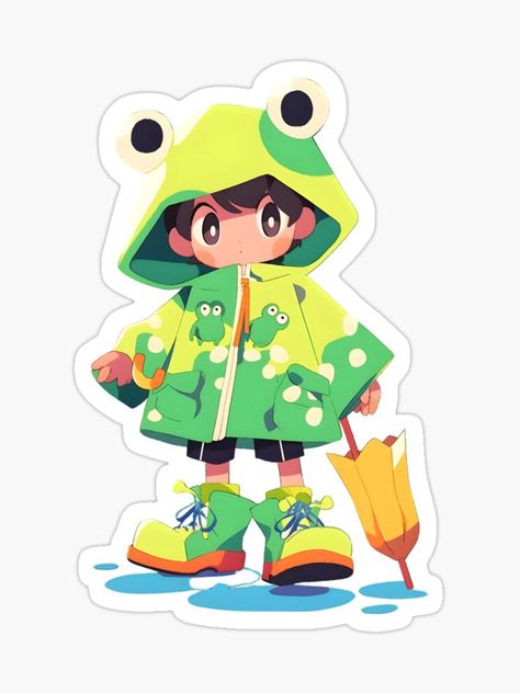 School Sticker For Simple Kawaii Anime Frog Raincoat Boy. Anime Style with rain splash and back to school design color frog cottagecore aesthetic illustration. Makes a cute gift idea for any frog lover! Rain Pose Reference, Raincoat Character Design, Sticker Character Design, Frog Outfit Drawing, Frog Kawaii, Cute Raincoat, Raincoat Anime, Raincoat Drawing, Frog Oc