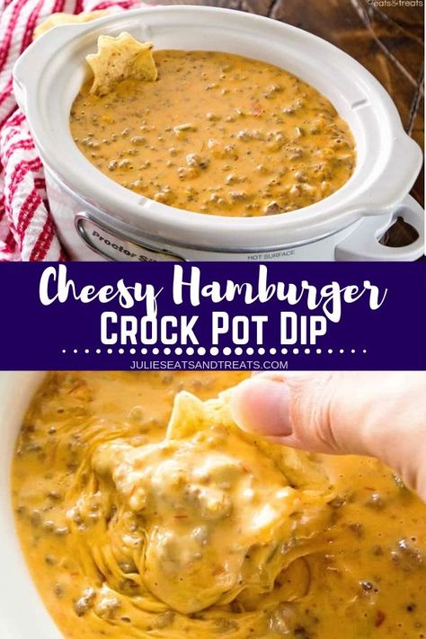 A quick and easy Crock Pot Dip recipe! This Cheesy Hamburger Crock Pot Dip is perfect for an appetizer at a party. #appetizer #recipe Crockpot Cheesy Hamburger Dip, Hamburger Dip Crockpot, Hamburger Dip Recipes, Hamburger Cheese Dip, Cheesy Hamburger Dip, Crockpot Dip, Hamburger Dip, Crockpot Dips, Slow Cooker Dip Recipes