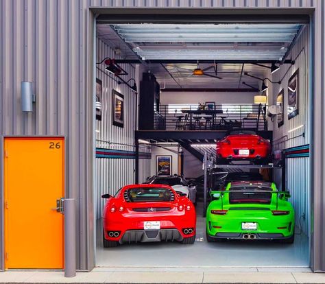 Inside a car condo garage Luxury Car Garage, Security Gates, New Luxury Cars, Big Screen Tv, Condo Ideas, Car Lifts, Overhead Door, Lifted Cars, Sarasota Florida