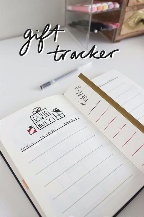 Keep track of all the gifts you need to buy for Christmas with this minimal, bullet journal gift tracker! Record who you're shopping for, a gift idea, the gift you actually bought, whether or not the gift is wrapped and how much you spent! Bullet Journal Gift List, Minimal Bullet Journal, Bujo Tracker, Journal December, Bullet Journal Christmas, December Bullet Journal, December Gift, Bullet Journel, Gift Tracker