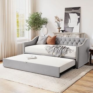 Twin Velvet Upholstered Daybed with Pop Up Trundle, Convertible From Twin to King Size, Backrest and Armrests for Comfort, Grey - Bed Bath & Beyond - 40696197 Daybed With Pop Up Trundle, Pop Up Trundle Bed, Daybed Upholstered, Pop Up Trundle, Multi Functional Sofa, Twin Daybed With Trundle, Twin Trundle Bed, Daybed Bedding, Upholstered Daybed