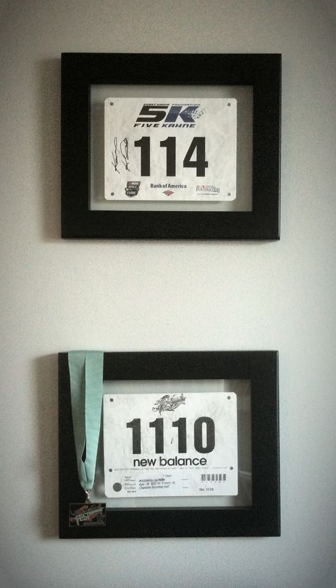 perfect for displaying the bib numbers from your races. I'll totally do this for my first half! Race Numbers Display Ideas, Race Bib Display Diy, Race Bibs Display Ideas, Marathon Bib Display Ideas, Race Medal And Bib Display Ideas, Race Bib And Medal Display, Race Bib Display, Sprint Triathlon Training, Race Medal Displays