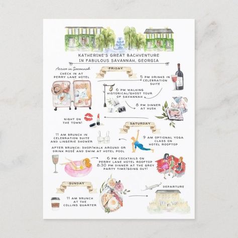 Bachelorette Weekend Itinerary  Savannah, Georgia Invitation Postcard  Zazzle Wedding Invitation Stationary, Bachelorette Weekend Itinerary, Weekend Itinerary, Itinerary Template, Weekend Party, Travel Itinerary Template, Bachelorette Party Invitations, Destination Wedding Invitations, Savannah Georgia