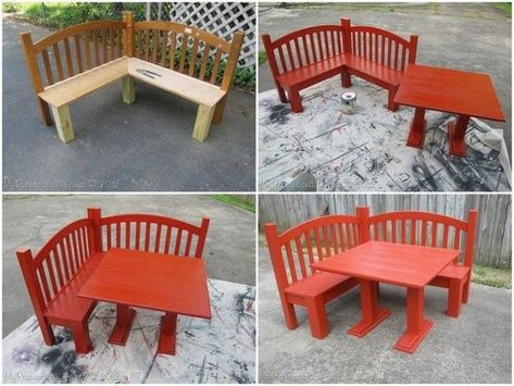 DIY Headboard Corner Bench #Furniture, #Recycle Recycle Garden, Hammock Diy, Diy Kids Table, Playroom Table, Repurposed Headboard, Old Cribs, Tire Garden, Headboard Benches, Old Headboard