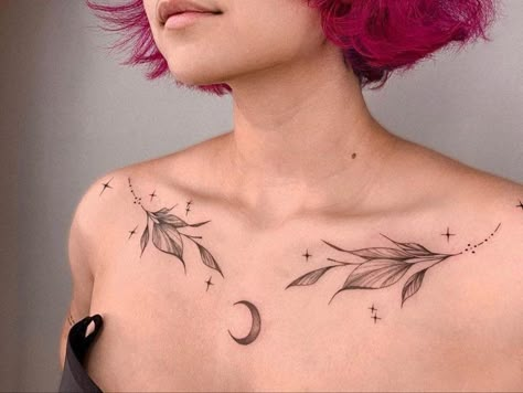 55 Hypnotic Lunar tattoos, you will Crave. Create your perfect Moon tattoo with these tattoo ideas! Moon Phases Chest Tattoo, Witchy Collar Bone Tattoo, Moon Goddess Tattoos For Women, Moon Witch Tattoo, Lunar Tattoos, Moon Tattoo Chest, Moon Tattoo Designs Goddesses, Womens Chest Tattoo Ideas, Dnd Tattoo Ideas