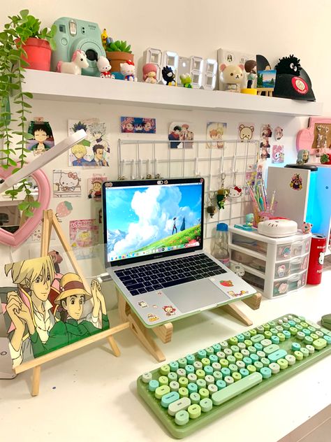 Aesthetic Desk Setup Anime, Laptop Desktop Setup, Anime Desk Setup, Laptop Desk Setup, Colorful Keyboard, Cozy Desk, Wireless Keyboard And Mouse, Study Desk Decor, Dorm Room Ideas