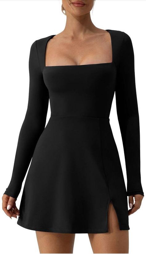 Square Neck, Bodice, Black Dress, Mini Dress, Square, Long Sleeve, Fabric, Dresses, Black