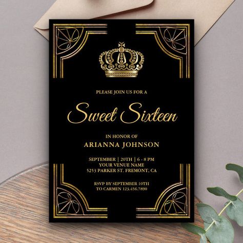 Vintage Black Gold Ornate Crown Sweet Sixteen Invitation #zazzle #weddinginvitations #birthdayinvitations #babyshowerinvitations #zazzleinvitations #monogram #businesscards #graduation #homedecor Royal Theme, Sweet Sixteen Invitations, Black Invitation, Princess Tiara, Sweet 16 Invitations, 16th Birthday Party, Gold Invitations, Royal Princess, Vintage Purple