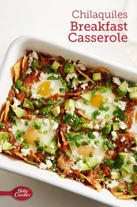 Chilaquiles is a traditional Mexican dish that simmers (often leftover) fried corn tortillas in a salsa or mole sauce. We took the dinnertime favorite and gave it a brunch-ready twist in this casserole recipe. Eggs are layered on top of the tortilla chips, cheese and sauce for a hearty breakfast bake that’s sure to be a hit! Top with fresh ingredients (hello, avocado, queso fresco and cilantro!). Chilaquiles Breakfast, Super Easy Breakfast Casserole, Chilaquiles Casserole, Traditional Mexican Dishes, Breakfast Casserole Easy, Breakfast Bake, Breakfast Brunch Recipes, Hearty Breakfast, Mexican Dishes