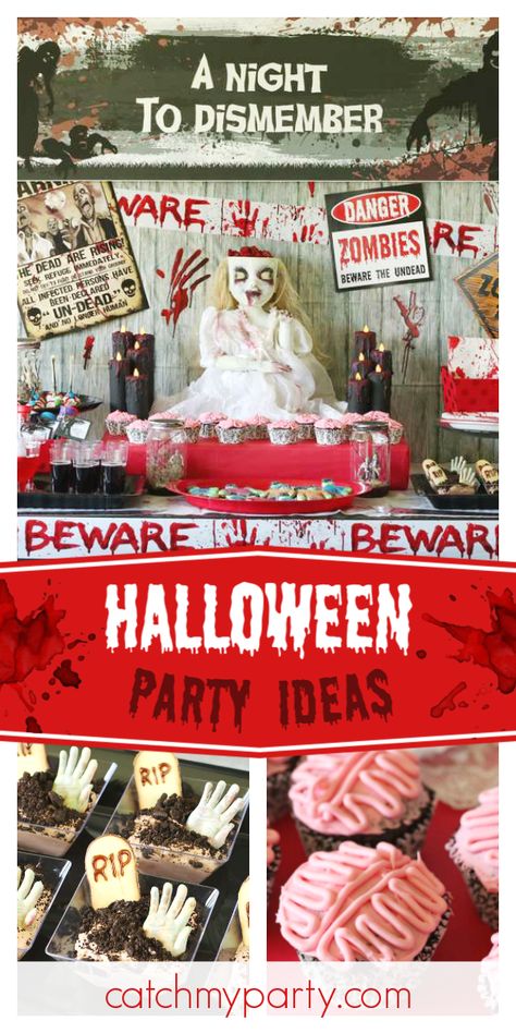 Check out this creepy zombie Halloween party! The brain cupcakes are awesome! See more party ideas and share yours at CatchMyParty.com #catchmyparty #partyideas #halloweenparty #halloween #zombies #halloween2019 #halloweendecor Zombie Prom Halloween Party, Zombie Halloween Party Decorations, Zombie Party Ideas, Creepy Cupcakes, Zombie Themed Party, Apocalypse Halloween, Zombie Halloween Decorations, Zombie Halloween Party, Brain Cupcakes