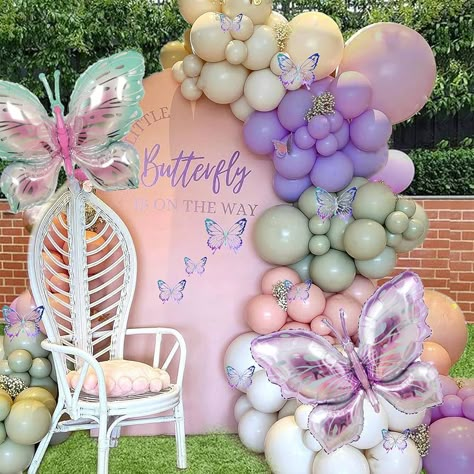 Amazon.com: 174Pcs Green Butterfly Balloons Garland Arch Kit with 3D Butterfly Stickers Apricot White Pink Green Taro Purple Butterfly Foil Balloons for Girl Lavender Baby Shower Wedding Birthday Party Decoration : Toys & Games Butterfly Baby Shower Decorations, Babyshower Decor, Baby Shower Ideas Girl, Lavender Baby Showers, Butterfly Baby Shower Theme, Fairy Garden Birthday, Balloon Wreath, Butterfly Balloons, Fairy Garden Birthday Party