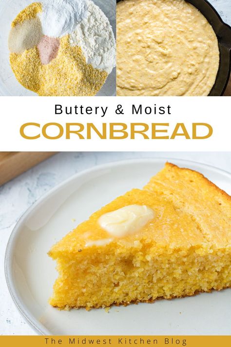 Cast iron skillet cornbread is buttery moist and ever so delicious! This moist southern cornbread recipe is made in a cast iron skillet in just 30 minutes! Homemade cornbread goes with any side dish perfectly and it's super easy to make in one bowl! Single Serve Cornbread, Quick Easy Cornbread Recipe, Cast Iron Cornbread Recipe Jiffy, Buttery Cornbread Recipe, Savory Cornbread Recipe, Easy Skillet Cornbread, Country Cornbread, Cornmeal Cornbread, Cast Iron Skillet Cornbread