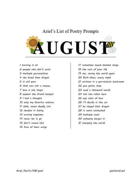 August Poetry Prompts, July Poetry Prompts, August Writing Prompts, Poem Prompts Ideas, August Poem, Song Prompts, August Poetry, Poem Prompts, Poem Writing Prompts