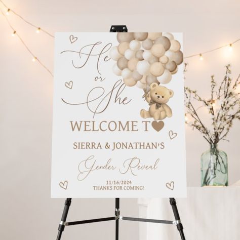 Bear Gender Reveal Neutral Welcome Sign | Zazzle Gender Reveal Neutral Theme Decorations, Neutral Gender Reveal Party Decorations, Bear Gender Reveal Ideas, Gender Reveal Neutral Theme, Bear Themed Gender Reveal, Neutral Gender Reveal Ideas, Gender Reveal Neutral, Teddy Bear Baby Shower Decorations, Bear Gender Reveal