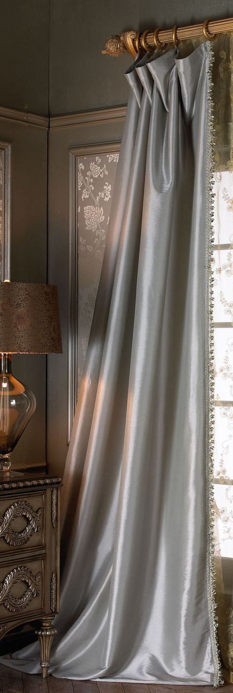 Satin Curtains Bedroom, Curtain Styling, Curtain Shades, Modern Glam Decor, Satin Curtains, Curtains Design, Glamorous Decor, Diy Window Treatments, Drapery Designs