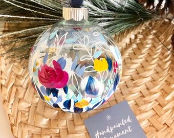 Hand Painted Ornaments - Etsy Flower Petal Art, Hand Painted Bauble, Making Ornaments, Floral Christmas, Clear Ornaments, Painted Christmas Ornaments, Garden Ornament, Paint Strokes, Navy Velvet