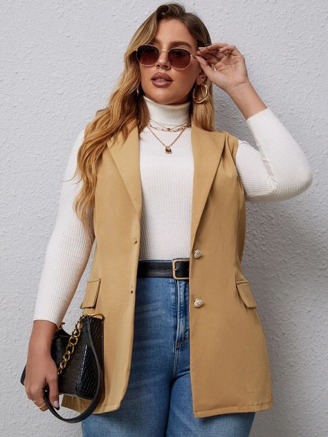 Beige Sleeveless Blazer Outfit, Sleeveless Vest Outfit, Sleeveless Blazer Outfit, Outfit Gorditas, Plus Size Blazers, Outfits Gorditas, Plain Vest, Outfit Blazer, Blazer Outfits For Women