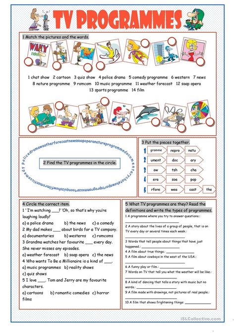 TV Programmes Vocabulary Exercises - English ESL Worksheets for distance learning and physical classrooms Esl Kids, Esl Reading, Vocabulary Exercises, Have A Nice Weekend, Speaking Activities, Spelling Activities, Icebreakers, Root Words, Activities Games