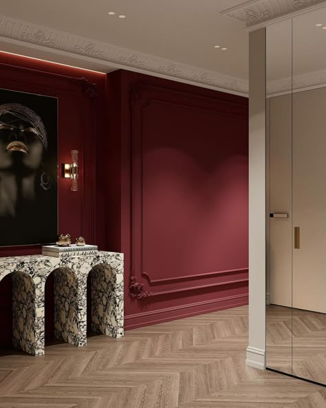 Dark Maroon Room, Maroon Interior Design, Dark Red Hallway, Burgundy Hallway, Burgundy Interior Design, Dark Red Living Room, Living Room Architecture, Room Arrangement Ideas, Maroon Walls