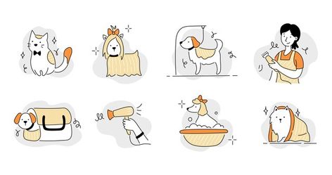 Pet Grooming Illustration, Pet Illustration Design, Pet Icon, Pets Illustration, Pet Store Ideas, Dog Doodle, Pet Branding, Pet Grooming Salon, Vector Animation