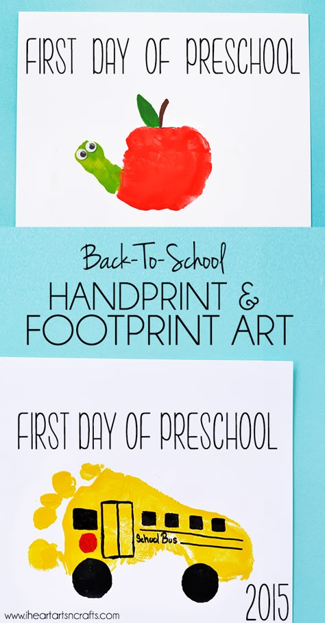 Handprint Apple and Footprint Bus Back To School Keepsakes Foot Print Art, Preschool Apples, Preschoolers Activities, August Activities, Handprint Calendar, Apple Week, August Art, Cubby Tags, School Keepsake