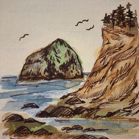 Artist: Hanani LaBranch "Cape Kiwanda" Oregon Coast Watercolor and Pen 2016 Oregon Coast Watercolor, Oregon Coast Painting, Oregon Coast Tattoo, Silent Drawing, Oregon Drawing, Coast Sketch, Oregon Watercolor, Sea Sketchbook, Coast Drawing