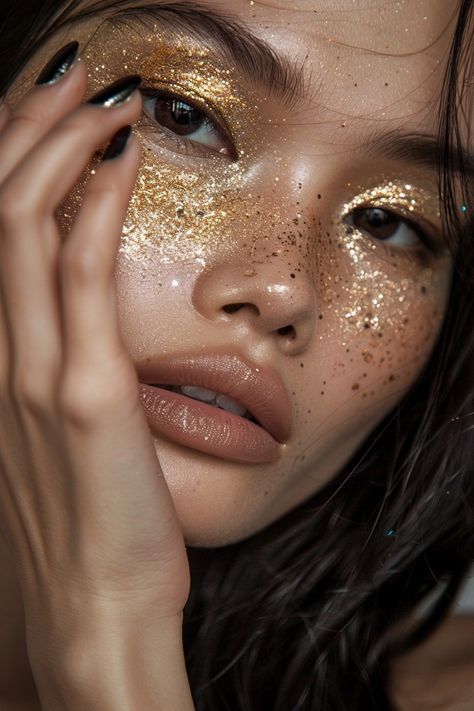 Gold Sparkle Makeup Glitter, Day And Night Makeup Looks, Glitter Mask Makeup, Glitter Flakes Makeup, Shiny Makeup Look Glitter, Yellow Glitter Makeup, Gold Goddess Makeup, Goddess Costume Makeup, Shiny Eye Makeup