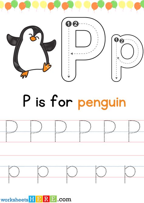 Tracing Letter P Uppercase and Lowercase PDF Worksheet For Kindergarten - WorksheetsHere.com Penguin Worksheets, Kindergarten Tables, Letter P Worksheets, P Words, Kindergarten Letters, Letter P, Tracing Letters, Upper Case, Uppercase And Lowercase