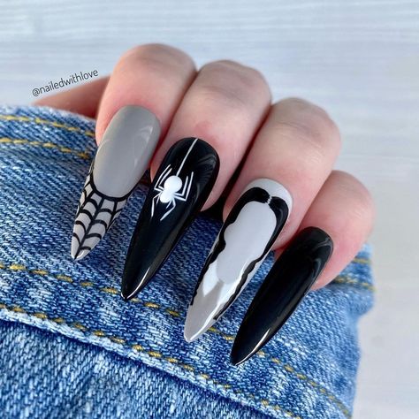 Super cute & long Wednesday Addams nails by @nailedwithlove⁣! 🕷️🖤⁠ ↓ ↓⁠ ★⁠ ★⁠ ★ TOOFAST.COM ★ ⁠ ★⁠ #wednesdayaddams #addamsfamily… Wednesday Addams Nails Art, Black Nails Wednesday, Wednesday Nails Art, Wednesday Halloween Nails, Wednesday Addams Nail Designs, Wednesday Nail Designs, Halloween Nails Wednesday Addams, Wednesday Addams Inspired Nails, Wednesday Inspired Nails