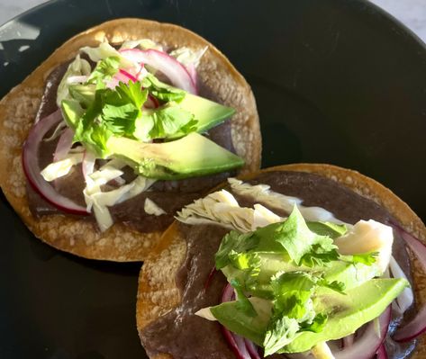 Black Bean Tostadas, Bean Tostadas, Tostada Recipes, Jessica Seinfeld, Pickled Cabbage, Smashed Avocado, Pickled Vegetables, Food Articles, White Onion