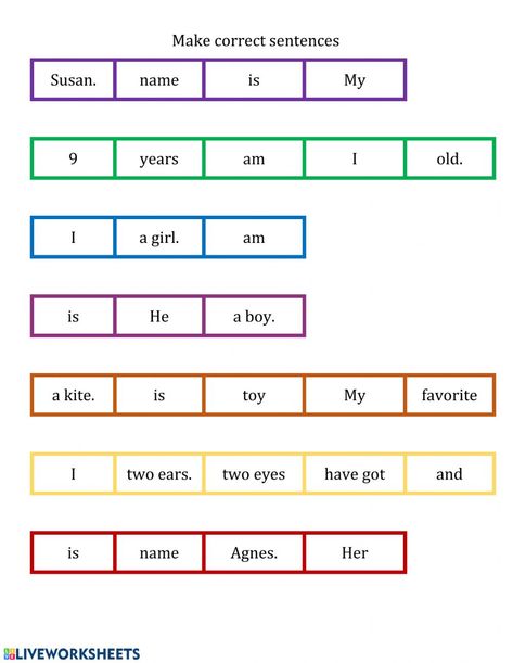 Sentence Order Worksheets, Make A Sentence Worksheet, Word Order Worksheets, Verb To Be Activities Ideas, Re Order Sentences Worksheet, Word Order Worksheets Grade 1, Word Order In Sentences, Sentence Construction Worksheets, Building Sentences Activities