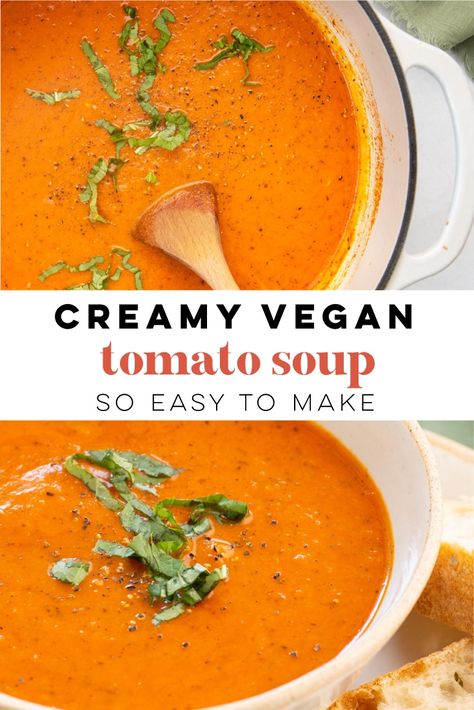 Easy Vegan Tomato Soup, Tomato Soup Vegan, Dairy Free Tomato Soup, Vegan Tomato Soup, Cream Of Tomato Soup, Tomato Soup Easy, Plant Based Soups, Tomato Soup Homemade, Fall Vegan Recipes