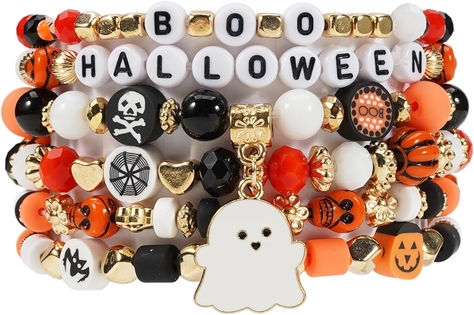 Stretchy Beaded Bracelet, Halloween Bracelet, Spooky Designs, Christmas Bracelet, Beaded Skull, Stackable Bracelets, Halloween Accessories, Halloween Jewelry, Heishi Beads