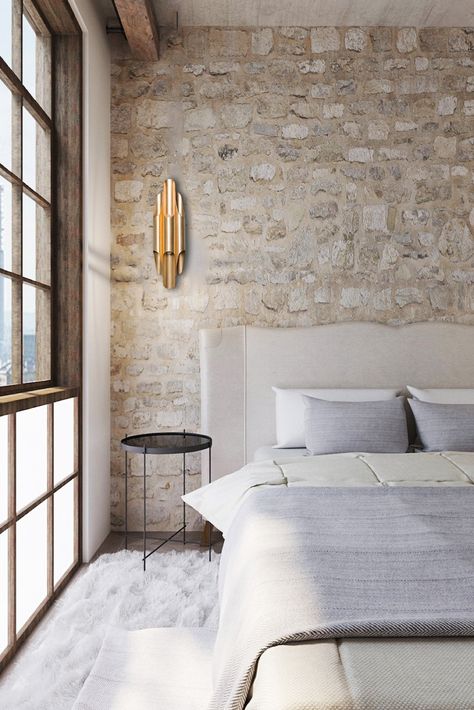 Stone Walls Interior, Stone Accent Walls, Stone Interior, Design Objects, Brass Wall, Custom Lighting, The Bedroom, Stone Wall, Interior Walls