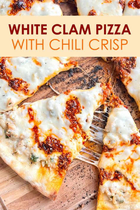 Slices of White Clam Pizza with Chili Crisp pulled apart on a cutting board White Clam Pizza Recipe, Clam Pizza White, Chili Crisp Recipe Ideas, Clam Pizza, Seafood Pizza Recipes, Shrimp Pizza, Italian Seafood, White Clam Sauce, Seafood Pizza