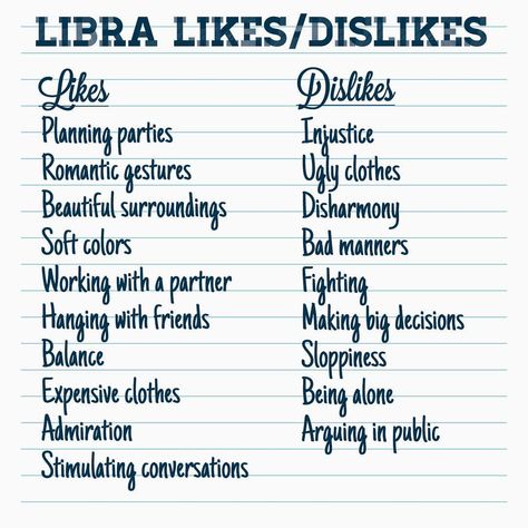 Here’s a general list of the most common likes and dislikes of a Libra. #astrology #zodiac #zodiacsigns #likes #dislikes #libra #libras… Dislikes To Give Characters, Character Dislikes Ideas, Characters Likes And Dislikes, Things To Dislike, Likes And Dislikes To Script, Character Likes And Dislikes List Ideas, Likes And Dislikes For Characters, Character Dislikes List, Oc Likes And Dislikes