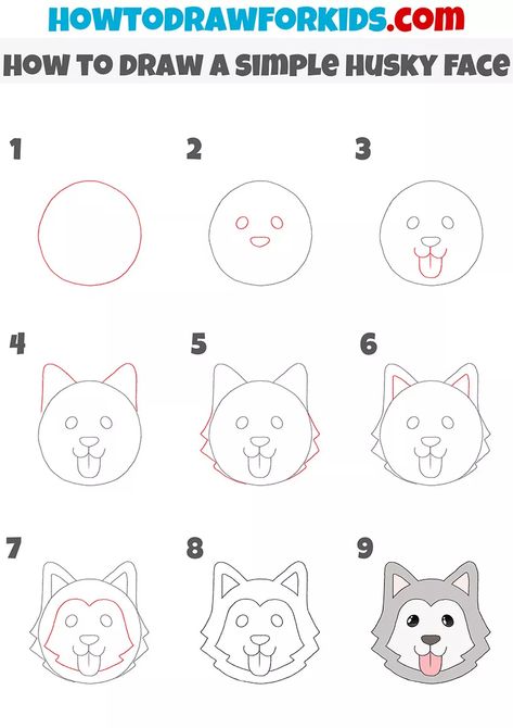 How to Draw a Simple Husky Face - Drawing Tutorial For Kids Simple Husky Drawing, Husky Face Drawing, Husky Drawing Easy, How To Draw A Wolf, Husky Doodle, Doodle Kawaii, Husky Drawing, Draw Dogs, Cartoons Drawing