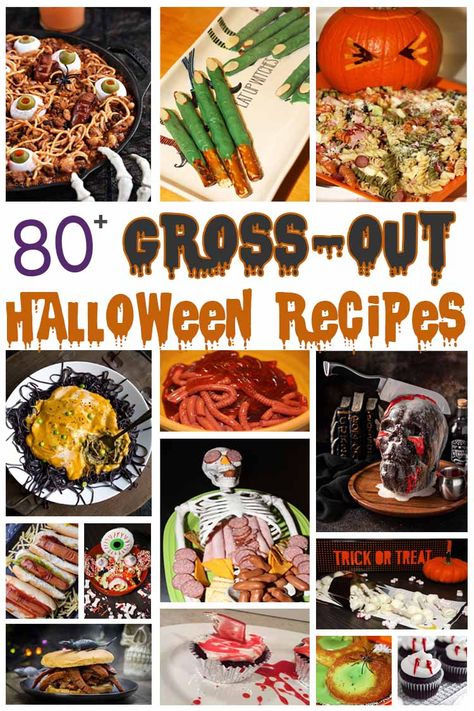 Looking for slimy, yucky, and all out creepy recipes for your Halloween celebrations this month? Check out this collection of over 80 Gross-Out Halloween Recipes! From slimy cakes and bloody treats to body part shaped meals and drinks, we've got all the scary Halloween food you could every want in this spooky roundup! Creepy Foods For Halloween Party, Creepy Desserts For Halloween, Gory Halloween Desserts, Creepy Food For Halloween, Halloween Gross Food, Creepy Recipes, Summerween Food, Gross Recipes, Scary Treats