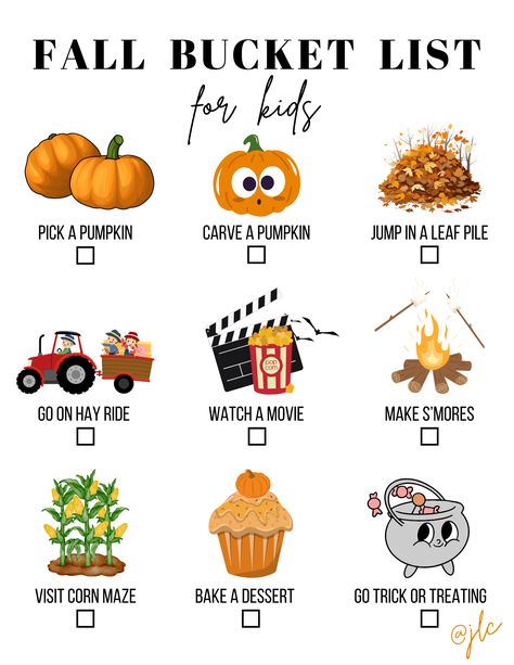 Enjoy this FREE Kids Fall Bucket List printable that has fun things to do in the fall time with your kid(s) and give them the thrill of checking them off as they get them done. Fall Bucket List For Kids, Fall Bucket List Printable, Halloween Bucket List, Bucket List Printable, Thanksgiving Photos, Kids Things To Do, Things For Kids, Halloween Buckets, Fun Halloween Crafts