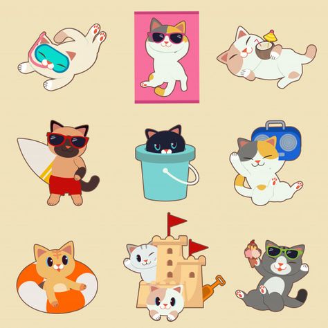 The collection of cute cat in summer the... | Premium Vector #Freepik #vector #summer #character #beach #sea Summer Cat Illustration, Summer Character, Beach Cat, Summer Logo, Summer Cat, Baby Print Art, Cat Calendar, Cat Summer, Beach Illustration