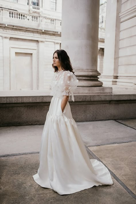 CORA + MAE | Square Neck Wedding Dress with Full Skirt + Silk Organza Bridal Top — UNBRIDLED STUDIO Square Neck Wedding Dress, Dress With Organza, Puff Sleeve Wedding Dress, Minimalist Gown, Organza Bridal, Contemporary Wedding Dress, Plain Wedding Dress, Satin Bridal Gowns, Contemporary Bridal