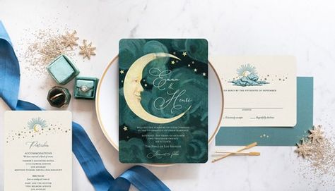 Moon Theme Wedding, Celestial Wedding Invitations, Art Nouveau Wedding Invitation, Teal Wedding Invitations, Stars Wedding Invitations, Celestial Magic, Moon Wedding, Celestial Wedding, Vintage Moon