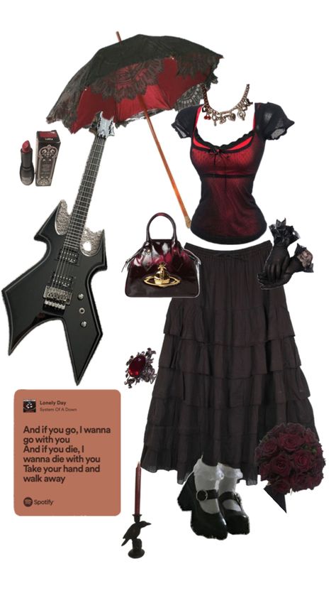 romantic goth, romance, red and black, romantic, goth, outfit inspo, romantic goth outfit inspo, cute outfit inspo, long skirt, parasol, goth outfit inspiration Goth Outfit Inspiration, Red Goth Outfits, Romantic Goth Outfits, Goth Romance, Outfit Inspo Cute, Goth Outfit Inspo, Goth Outfit Ideas, Vampire Clothes, Goth Skirt