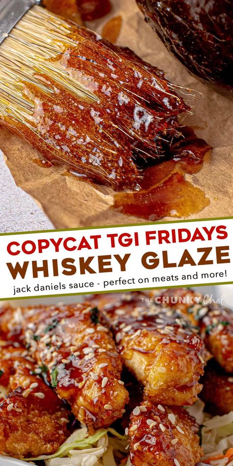 This Copycat TGI Fridays Whiskey Glaze (also previously called Jack Daniels Sauce), is the perfect blend of sweet and savory. It's amazing on chicken, beef, pork, seafood, veggies and more! #whiskey #glaze #tgifridays #jackdaniels Fridays Whiskey Glaze, Whiskey Glaze Recipe, Diy Dressings, Roaster Chicken, Jack Daniels Sauce, Whiskey Glaze, Whiskey Sauce, Copy Cats, Tgi Fridays