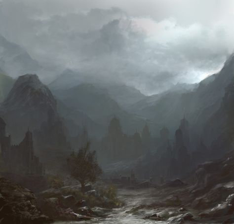 Abadone, High Seat of King Rygizmund of the Goblin Men. Misty Scenery, Dark Valley, Beautiful Landscape Pictures, Sunset Landscape Photography, Valley Landscape, Sisters Art, Modern Landscape Design, Digital Art Gallery, Landscape Concept