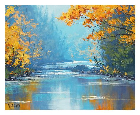 Misty river misty painting river painting misty scene | Etsy Graham Gercken, River Painting, Autumn Painting, Unique Paintings, Fall Pictures, Landscape Artist, Landscape Trees, Landscape Ideas, Oil Painting Landscape