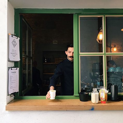 Coffee Hatch Window, Coffee Hatch Ideas, Coffee Bar Window, Drive Thru Coffee, Cafe Window, Smoothie Shop, Small Coffee Shop, Window Bars, Berlin Travel