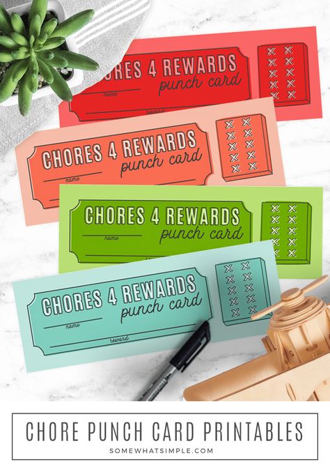 Chore Punch Card Printables are a great way to get the kids motivated and excited to help out around the house! #chore #charts #incentive #cleanup #kids #printable via @somewhatsimple Kid Tools, Toddler Chore Chart, Chore Chart For Toddlers, Behavior Cards, Toddler Reward Chart, Screen Time Rules, Chore Cards, Emma Kate, Kids Punch