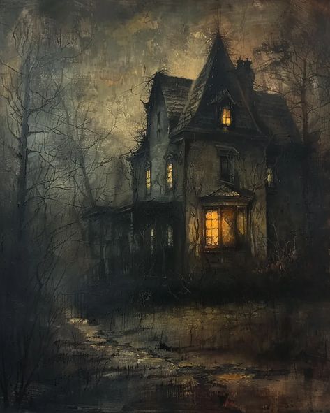 Midjourney AI Image: very detailed sharp image ,vintage, aged oil painting of a haunted house. canvas texture, dark moody... → more in ai-img-gen.com Hunted House Draw, Haunted House Watercolor Painting, Scary House Painting, Gothic Architecture Painting, Oil Painting Aesthetic Dark, Dark Ages Art, Haunted Paintings, 18x24 Canvas Painting, Haunted Art