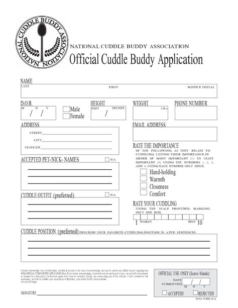 16 Funny & Cute Cuddle Buddy Application Cuddle Application, Cuddle Buddy Application, Benefits Of Cuddling, Professional Cuddler, Navy Quotes, Romantic Stuff, Online Dating Websites, Personal Things, Space Stuff